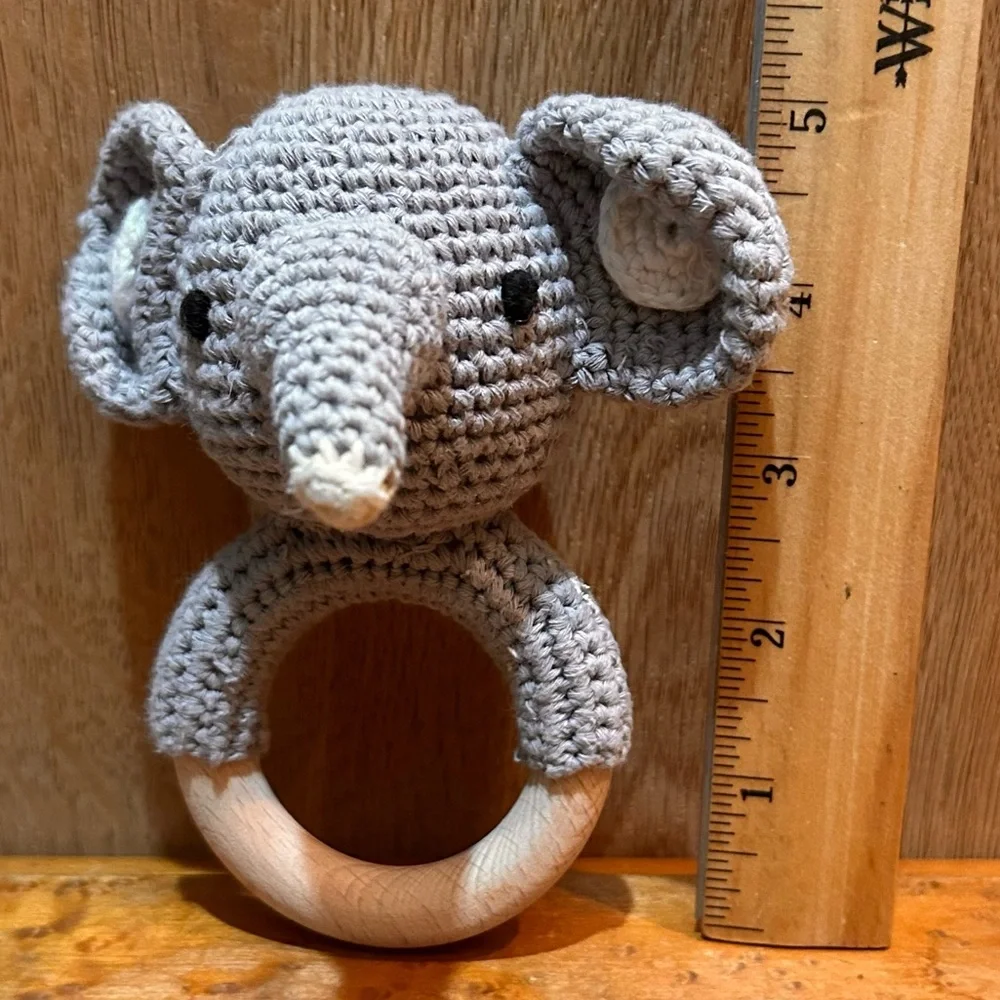 Knit Elephant Baby Rattle W/ Wooden Handle 5”